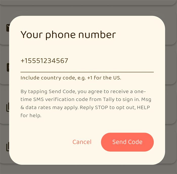 Tally app 'Your phone number' dialog showing the SMS consent disclosure above the Send Code button